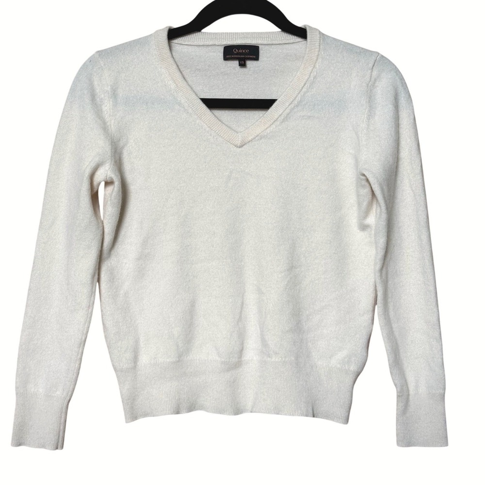 Quince Mongolian 100% Cashmere V-Neck Sweater Ivory Women's XS Slim Fit Preppy